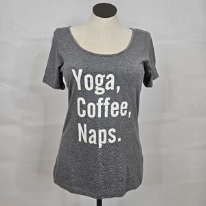 3/$25 Soffe Gray Short Sleeve "Yoga, Code, Naps" Scoop Neck Tee Sz L